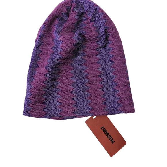 NWT Missoni Beanie Made in Italy Purple Zig Zag Knit Cozy Viscose Wool Blend New - Picture 6 of 7